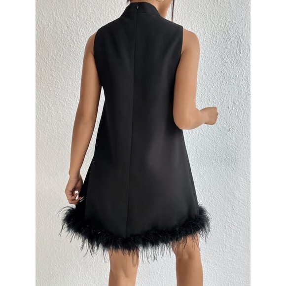 Chic Stand Neck Fuzzy Trim Dress Black - Picture 5 of 6